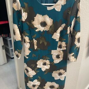 Banana Republic Teal Floral Long Sleeve Sheath Dress